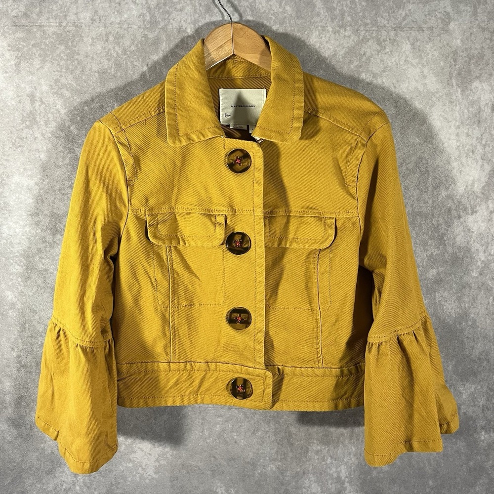 Anthropologie Jacket Women Small Yellow Corduroy Bell Sleeve Cropped Button